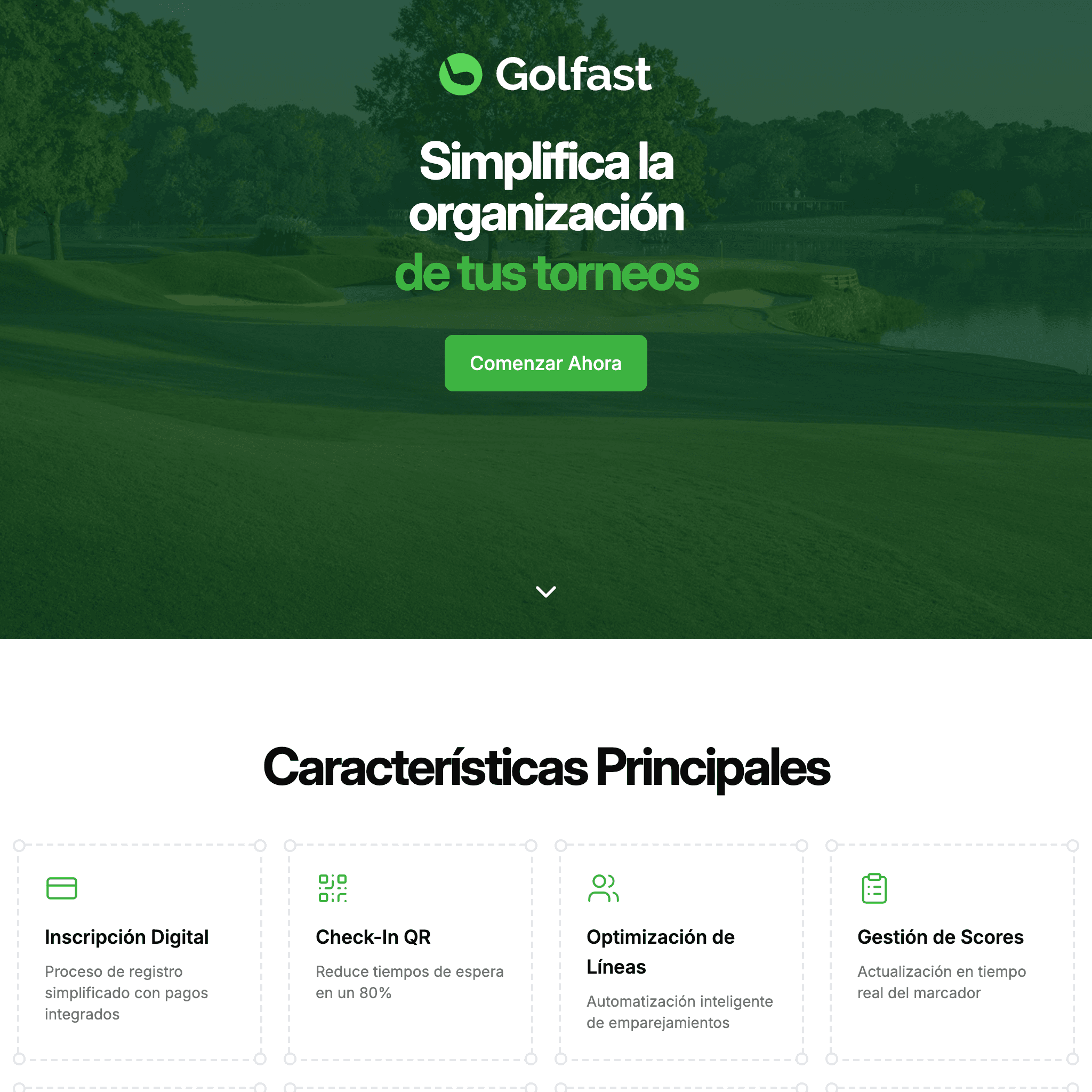 Dashboard Golfast para gestión de torneos de golf con tecnología QR y seguimiento de puntajes