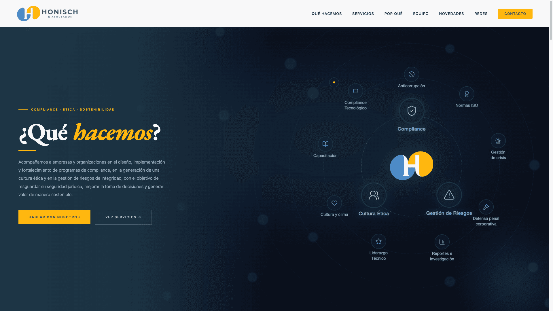 Sitio web de Honisch y Asociados, consultora de compliance, ética y sostenibilidad con dashboard de gestión