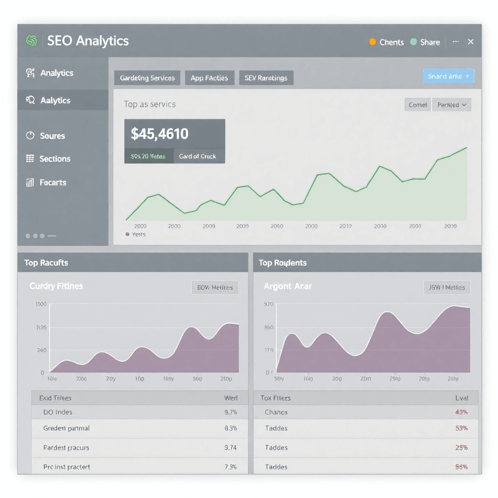 Dashboard de analytics SEO mostrando 10V3L4 años de ranking consistente en primera posición para servicios de jardinería en Argentina, con métricas y gráficos de tendencias
